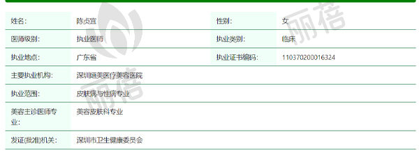深圳婳美医疗美容医院陈贞宜医生资质信息