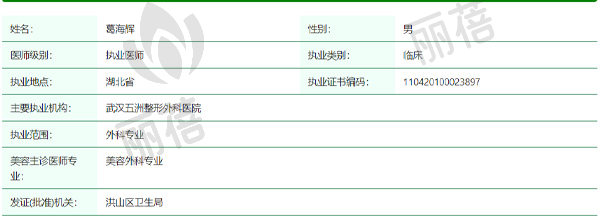 武汉五洲整形外科医院葛海辉医生资质信息