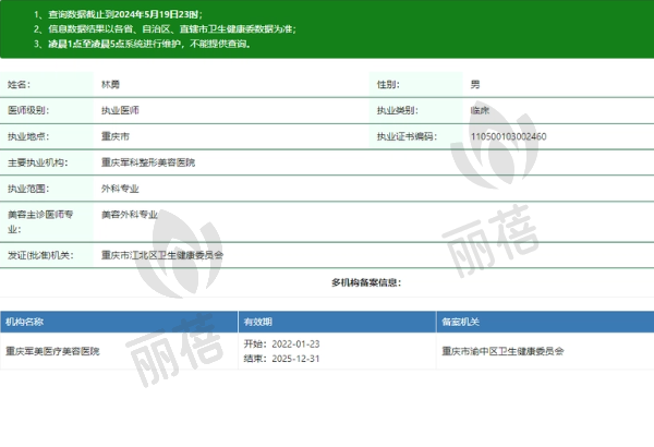 重庆军科整形美容医院林勇医生资质