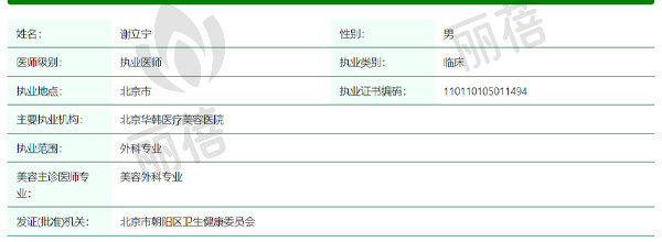 北京华韩医疗美容医院谢立宁医生资质信息