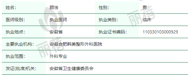 安徽合肥韩美整形外科医院顾浩医生个人资质正规