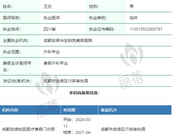 成都武侯华生铂悦美容医院王欣医生资质正规